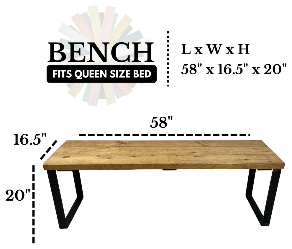 Bedroom or Entryway Bench, Heavy Duty Industrial Metal Legs, Golden Brown, Length 58", Fits Queen Bed