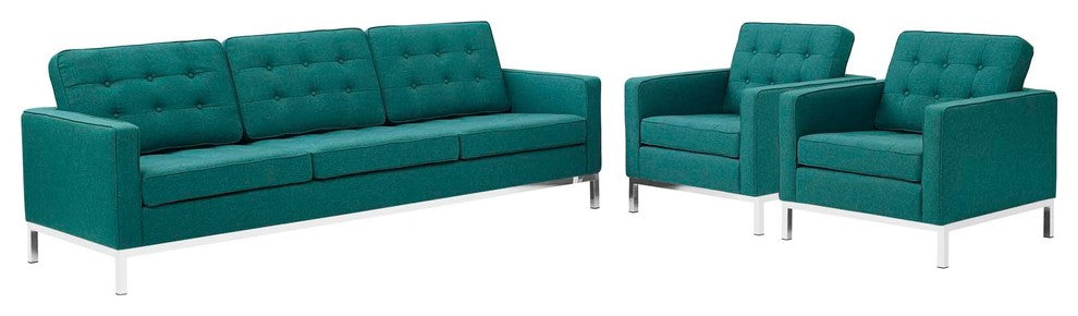 Modern Contemporary Urban Living Armchair and Sofa Set, Aqua Blue