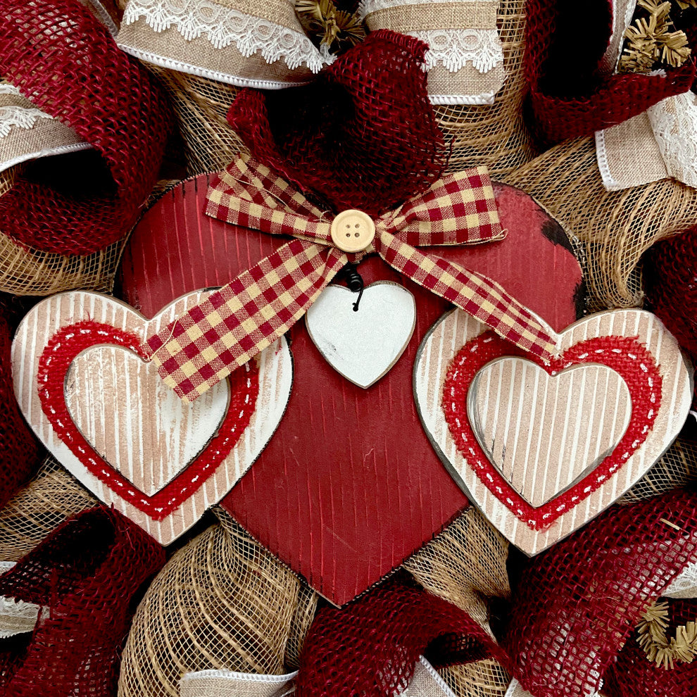 Country Rustic Valentines Day Heart Wreath Handmade Deco Mesh