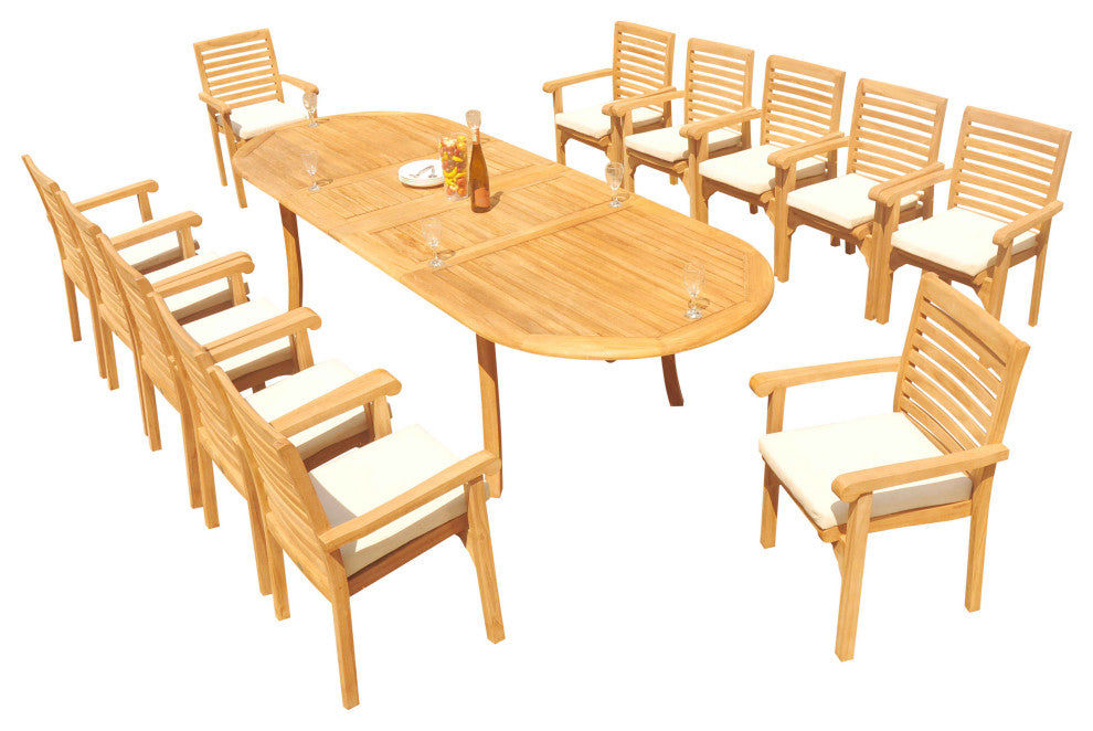 13-Piece Outdoor Teak Dining Set: 117" Oval Table, 12 Hari Stacking Arm Chairs