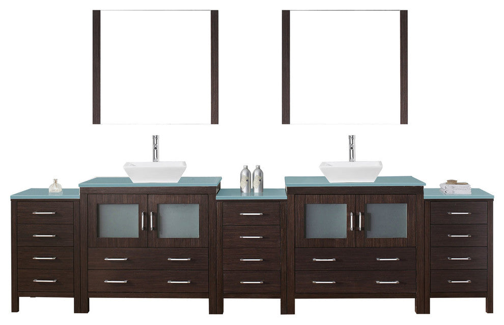 Virtu Dior 126" Double Bathroom Vanity, Espresso, Faucet, Mirrors