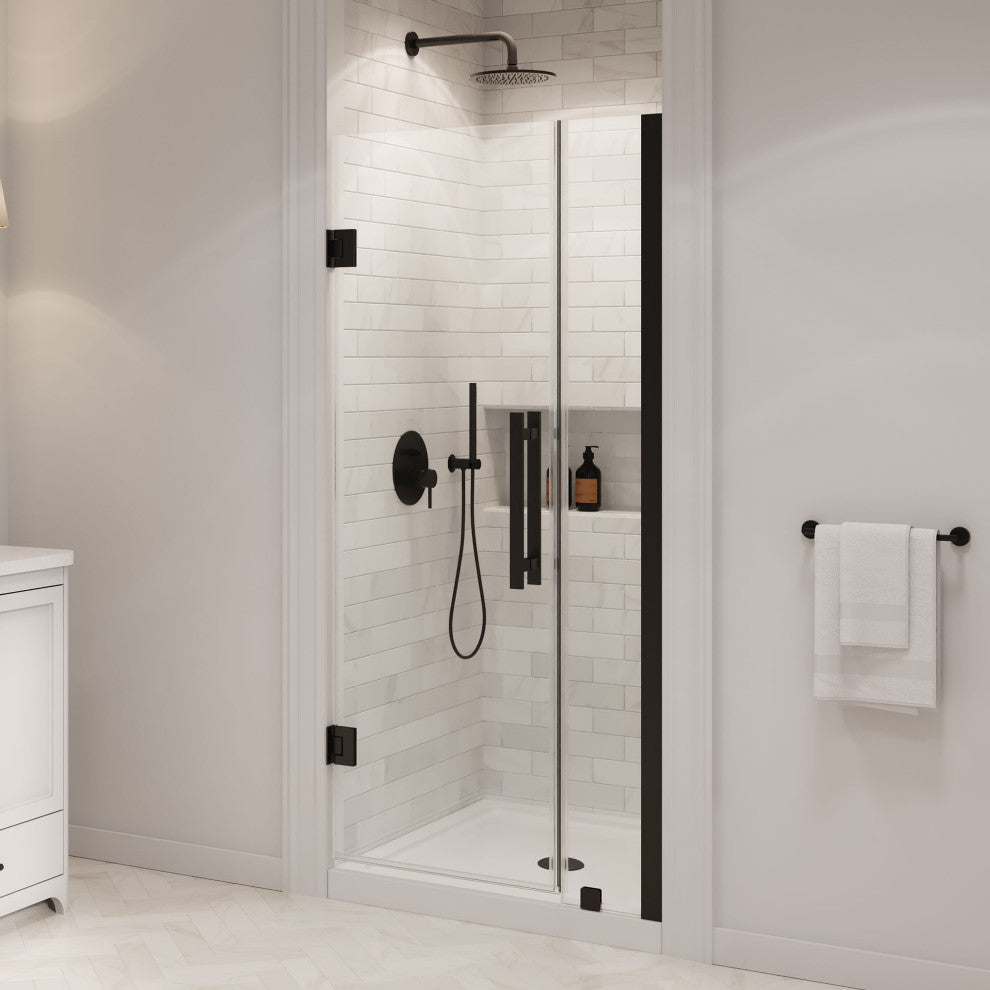 Panama Alcove Frameless Pivot Hinge Shower Door Kit With Base Pan, 2025, Black, 36x36"