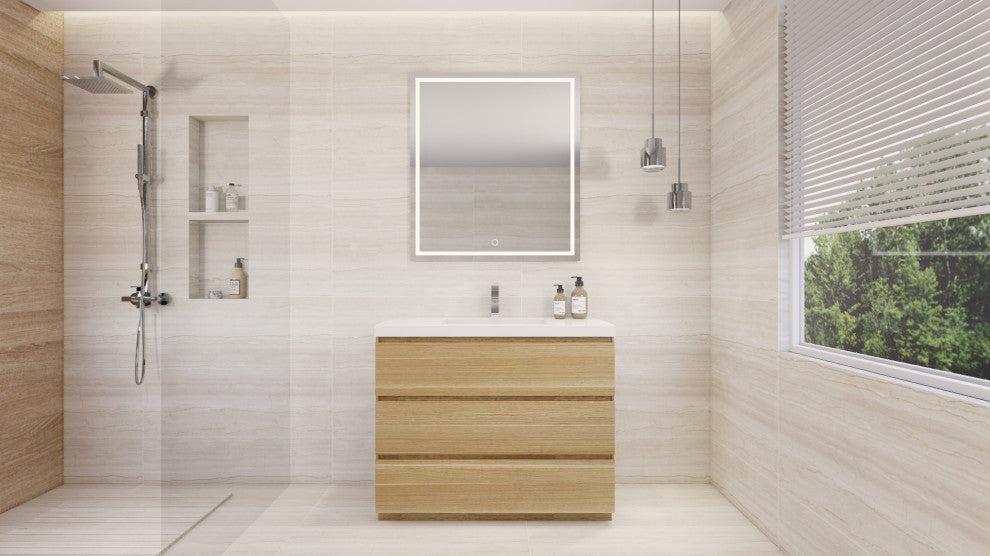 Alston 42" Free Standing Modern Vanity, White Oak, Glossy White Top