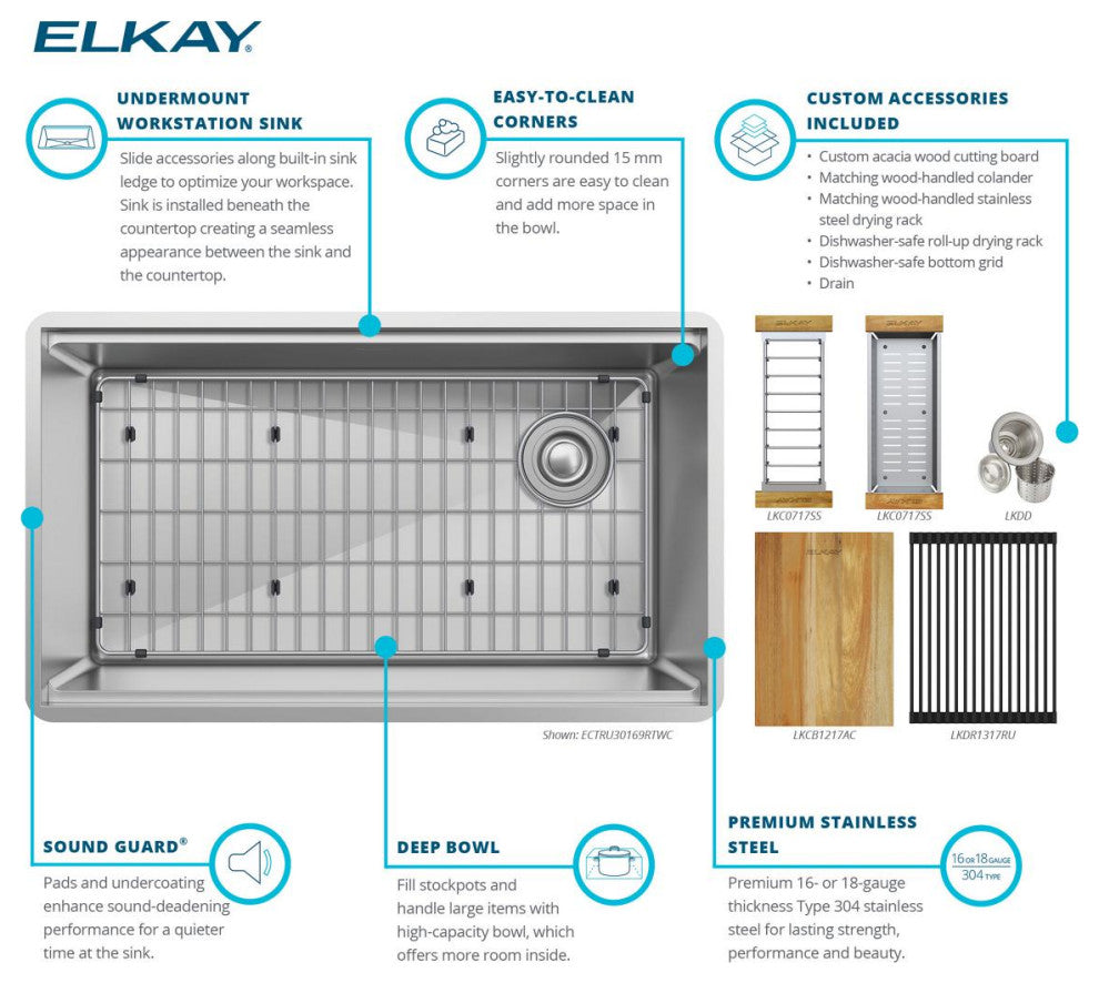 EFRU24169RTWC Elkay Crosstown 16 Gauge Workstation Stainless Steel Sink Kit