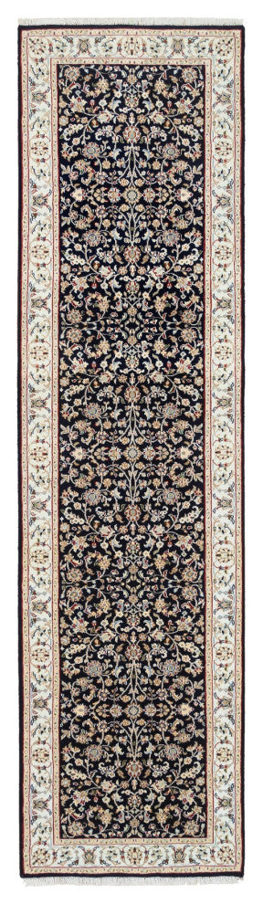 Midnight Blue 250 KPSI Wool and Silk Hand Knotted Nain Runner Rug 2'8" x 10'0"