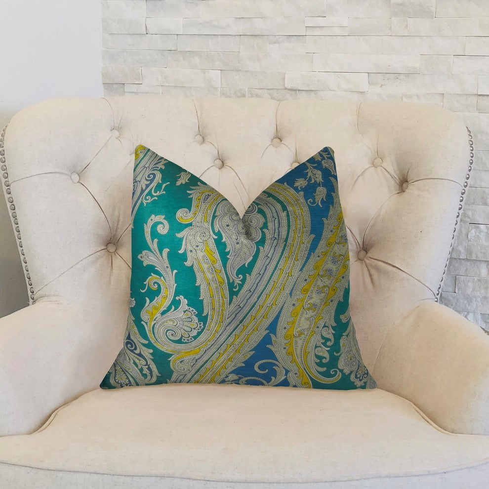 Annalise Blue Yellow and Green Handmade Luxury Pillow, 20"x30" Queen