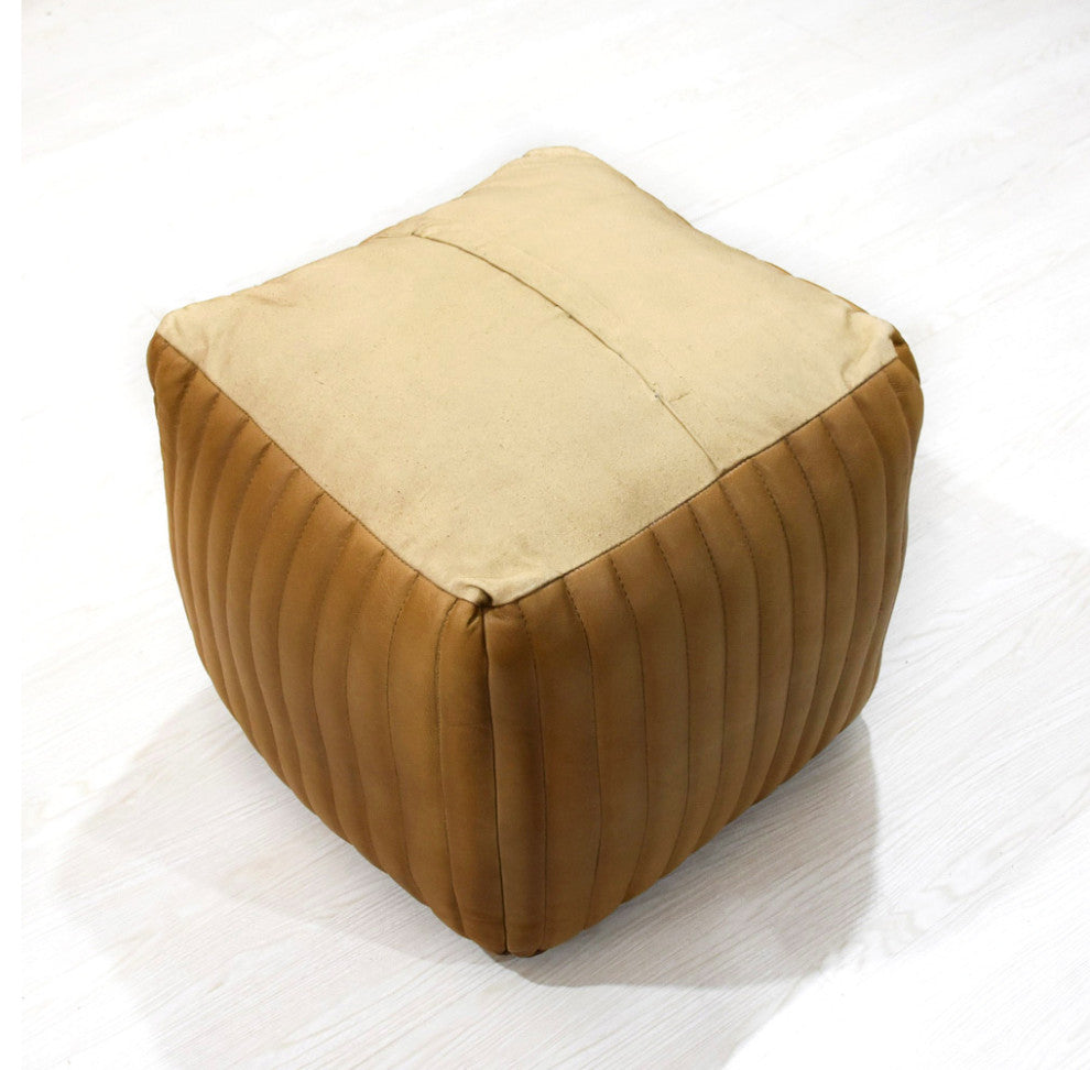 Poufs-Solid Handmade Goat Leather Pouf, Recycled Cotton Fill, Beige, 14x14x14 Square.