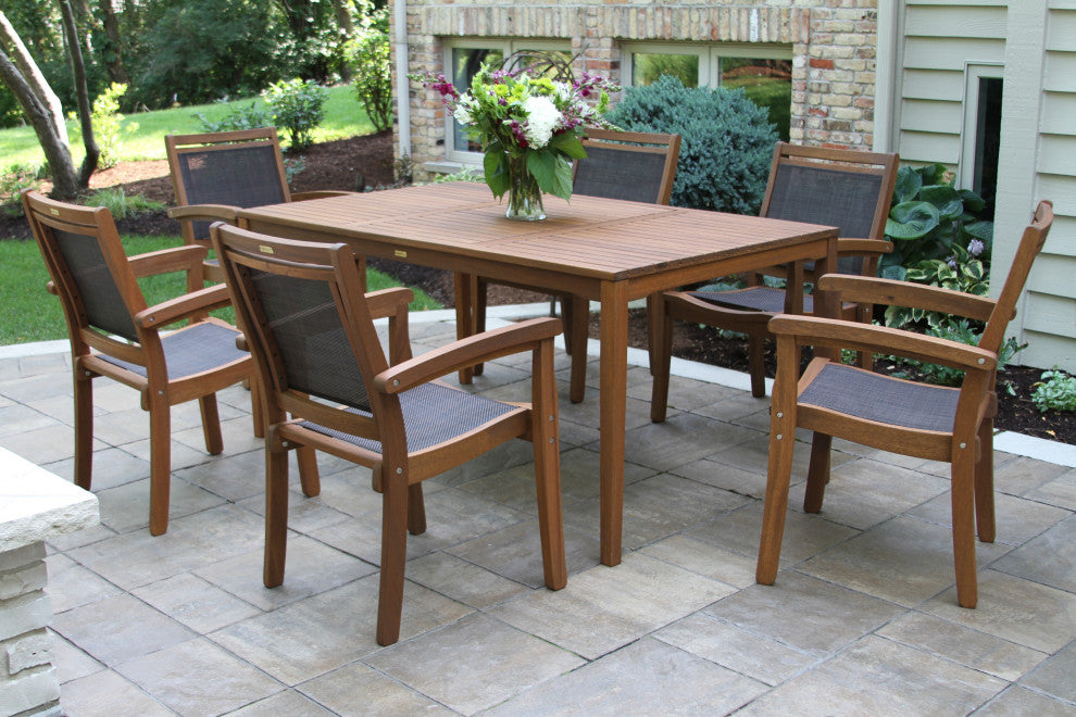 7-Piece Eucalyptus and Sling Stacking Armchair Rectangle Dining Set