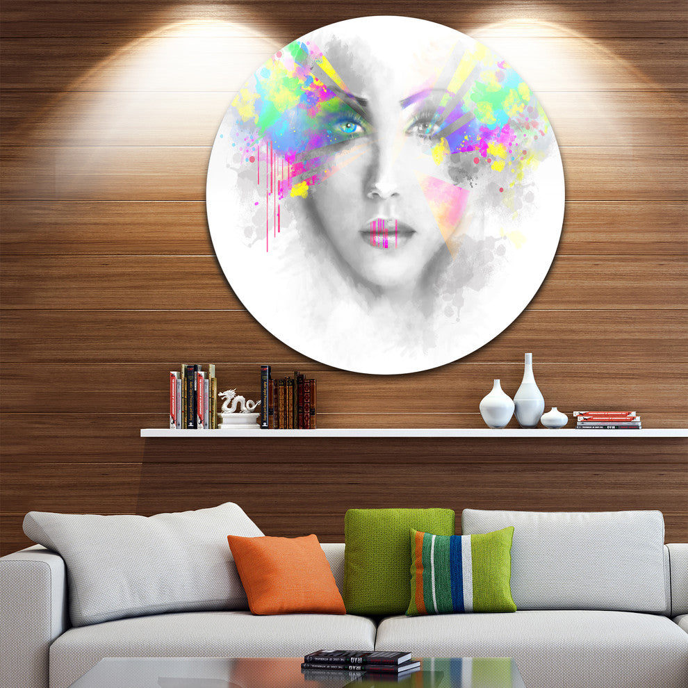 Gray Woman With Green Flowers, Portrait Digital Round Wall Art, 11"