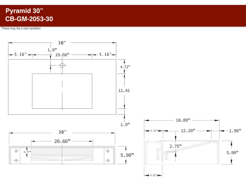 CastelloUSA Pyramid Solid Surface Wall Mounted Ramp Basin Sink, Marble, 30", Standard