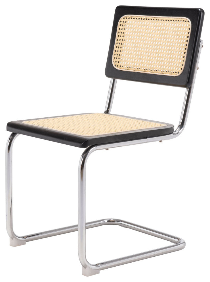Dining Chair, Set of 2, Steel Metal, Wood, Natural, Black, Chrome, Mid Century