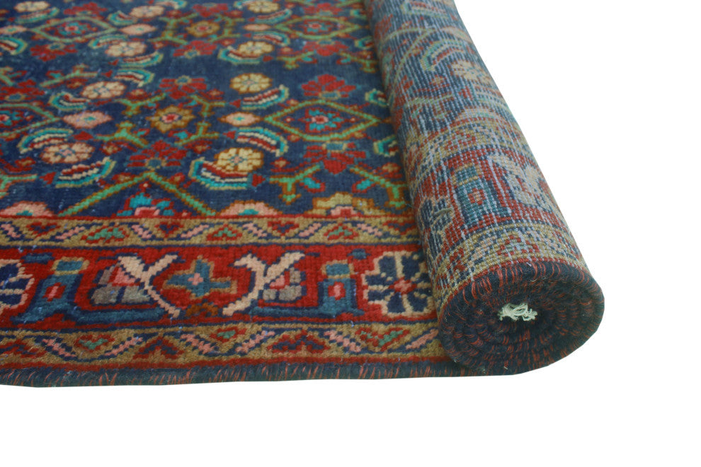 Fine Vintage Distressed Athelsta Blue/Red Runner, 3'7x10'6