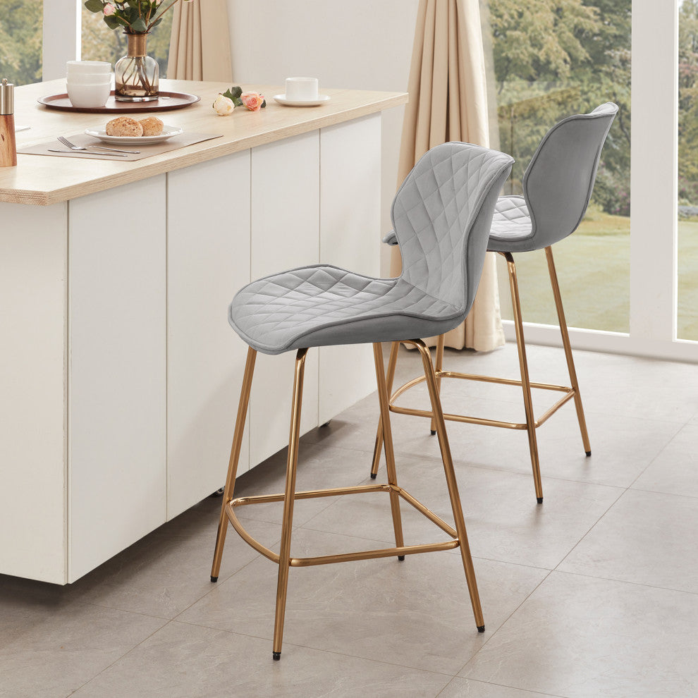 Set of 2 Curvy Diamond Stitched Velvet Bar Stools, Grey, 24 Inch