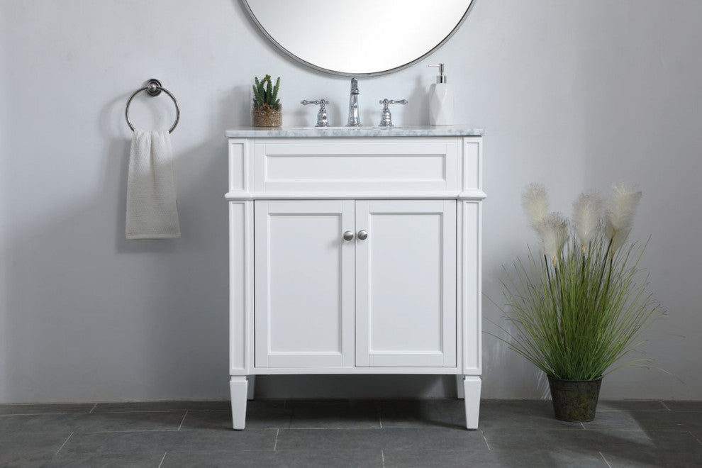 Home Living Vanity with Carrara White Marble Countertop, White, 30", Single Sink
