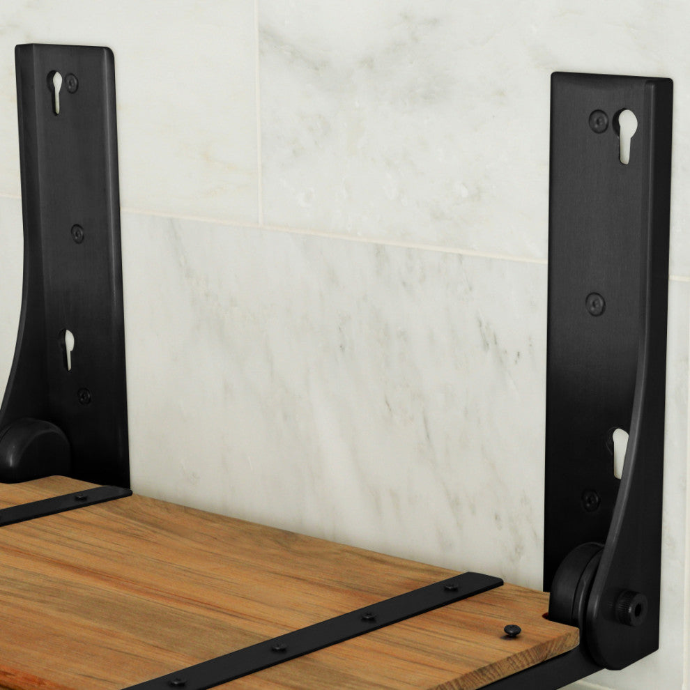 Silhouette Natural Teak Wood Folding Shower Bench Seat, Matte Black Frame