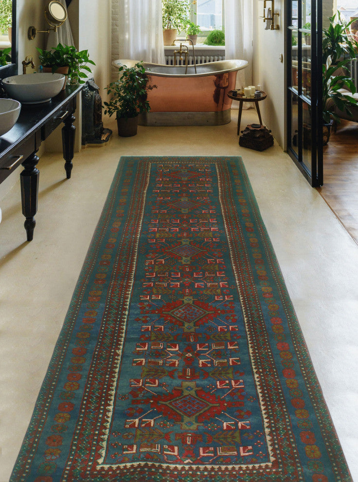 Semi-Antique Collin Navy/Red Runner, 3'4x10'5