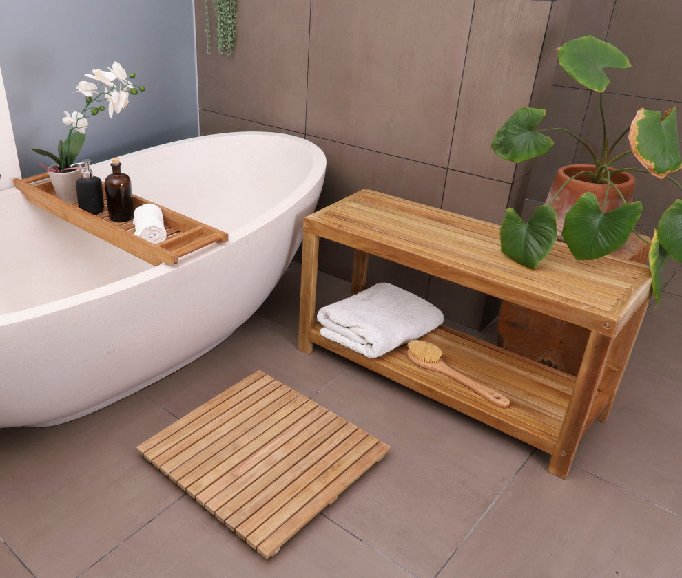 Nordic Style Natural Teak Spa Bench with Shelf, 35"
