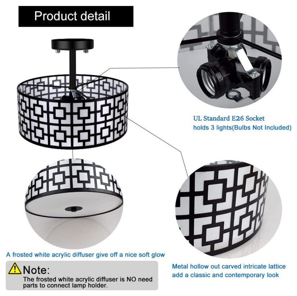 3 light Semi Flush Ceiling Light Fixture modern black ceiling lamp