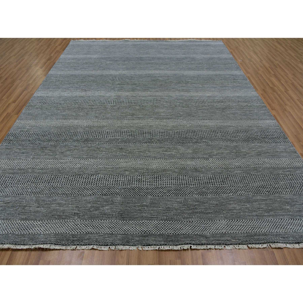 Dim Gray Hand Knotted Modern Grass Design Undyed Wool Oriental Rug 8'11"x12'