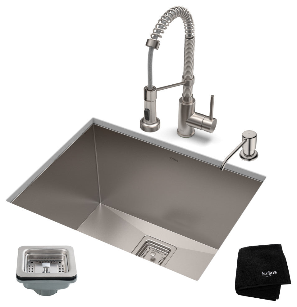 24" Undermount Stainless Steel Kitchen Sink, Pull-Down Faucet SS, Dispenser