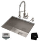 24" Undermount Stainless Steel Kitchen Sink, Pull-Down Faucet SS, Dispenser