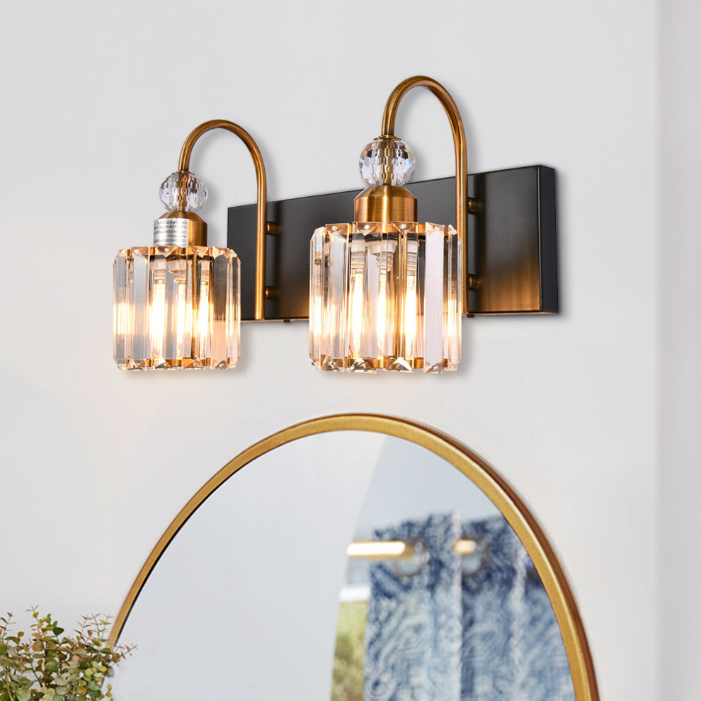 Dimmable Vanity Light With Crystal Accents, Black/Gold, 2 Light