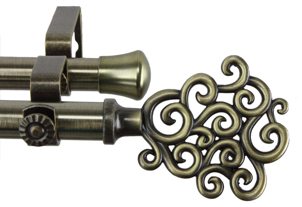 Fabritio Double 13/16" dia. Curtain Rod, Antique Brass, 28"-48"