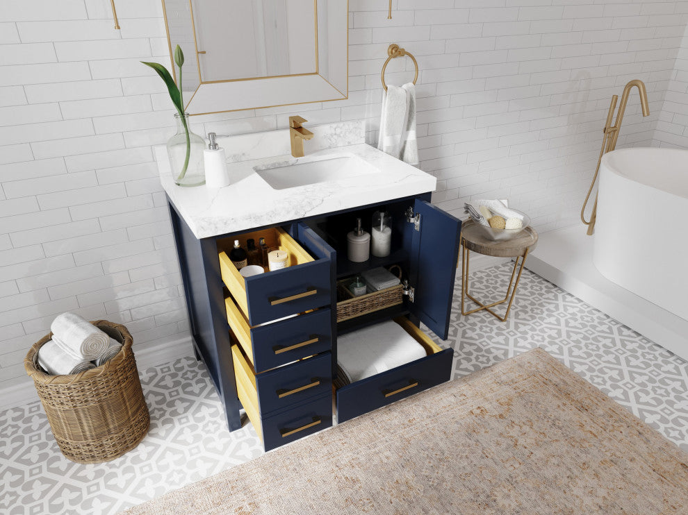 Malibu 36 Right Offset Bath Vanity in Navy Blue 2" Calacatta Laza