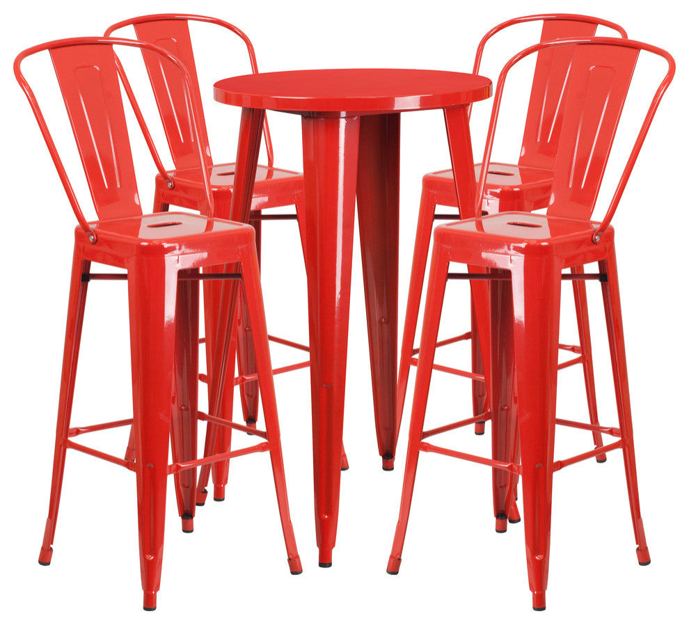 24'' Round Red Metal Indoor-Outdoor Bar Table Set With 4 Cafe Barstools