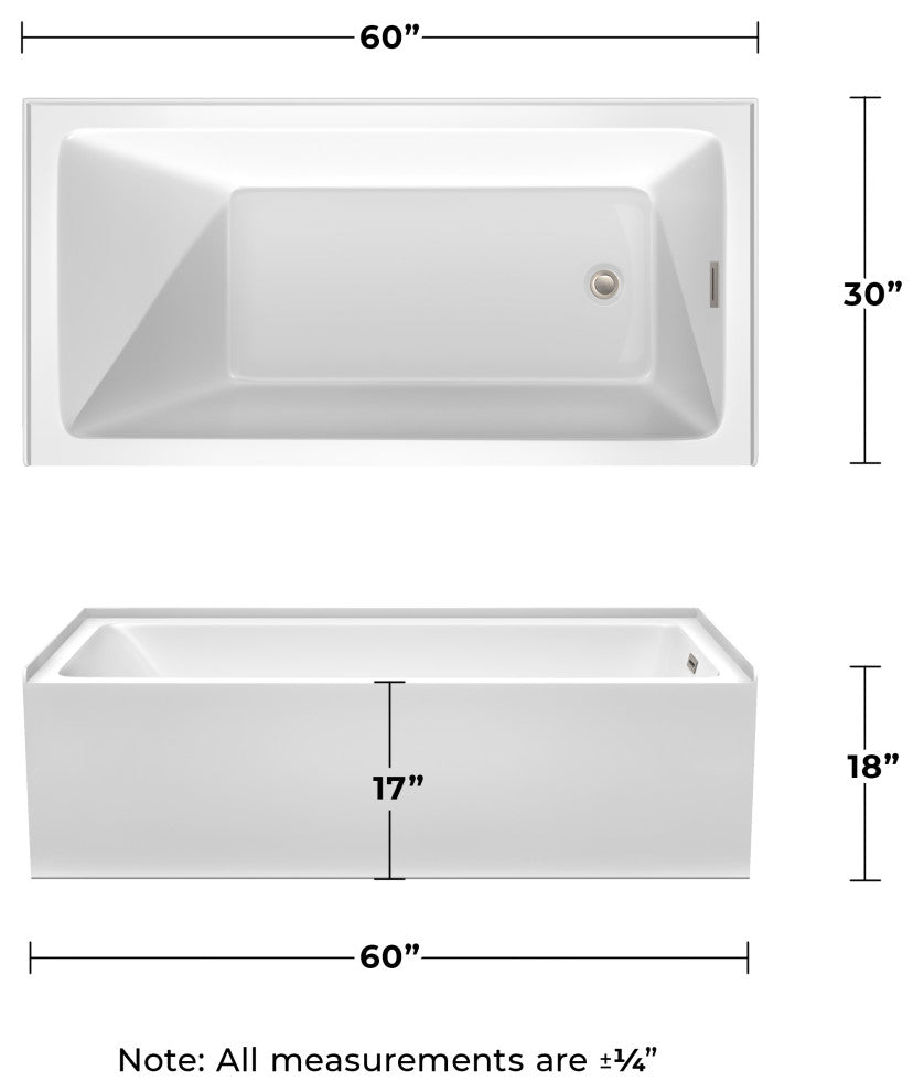 Grayley 60x30x18" Alcove Bathtub With Right-Hand Drain andTrim, Brushed Nickel
