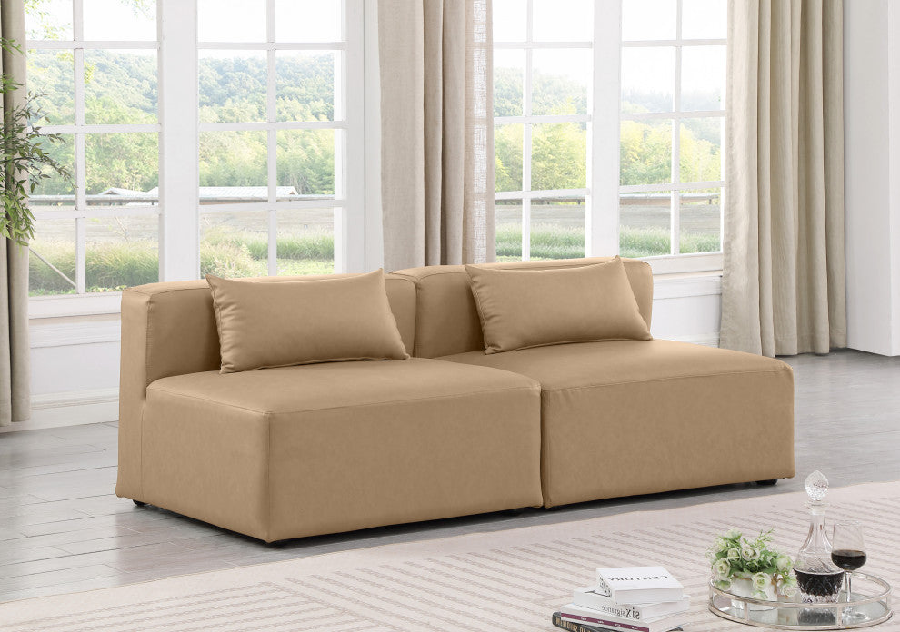 Cube Upholstered Modular Sofa, Tan, 2-Piece: 2 Armless Chair, Vegan Leather