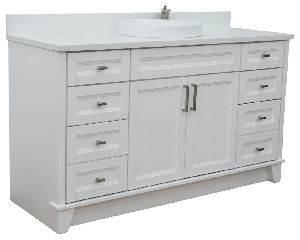 61" Single Sink Vanity, White Finish And Engineered Stone Top And Round Sink