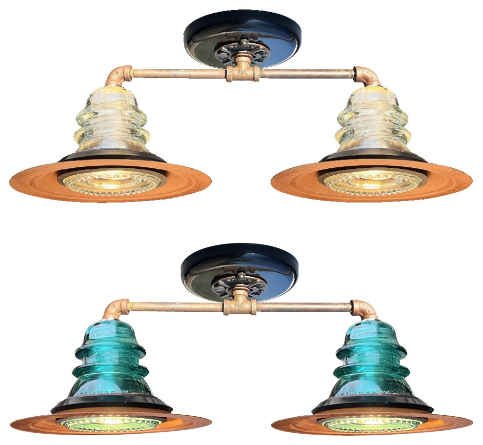 Insulator Light 7" Rusted Metal Hood Ceiling Light, Blue/Green