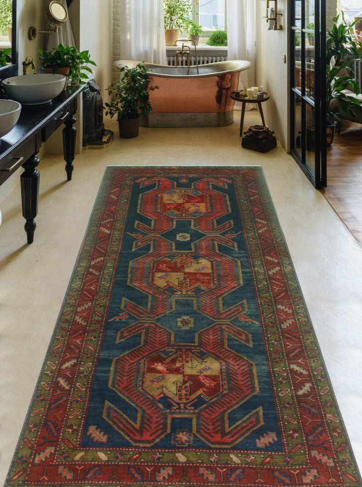 Semi-Antique Ghafur Blue/Burgundy Runner, 4'4x10'6