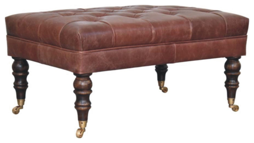 Ottoman Upholstered Buffalo Brown Leather With Castor Legs Artisan Furniture