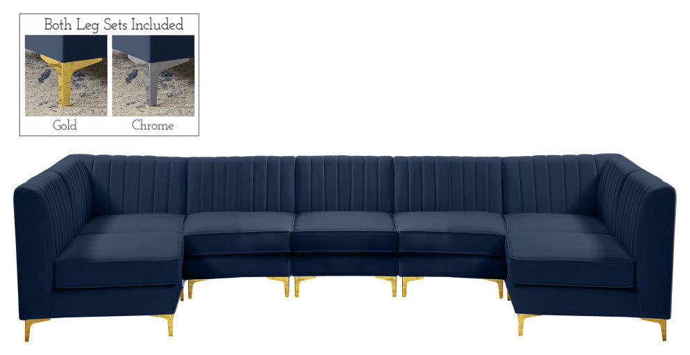 Alina Velvet Modular U-Shaped Sectional, Navy, 7-Piece: 5 Armless Chair, 2 Corner Chair