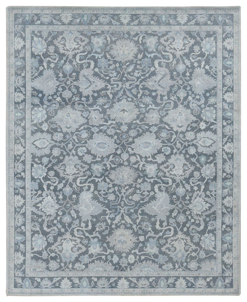 Battleship Gray Hand Knotted Oushak Influence Pure Silk With Wool Rug 8'1"x10'