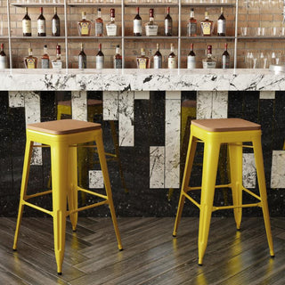 Kai Commercial Grade 30"H Metal Counter Stool, Yellow/Teak