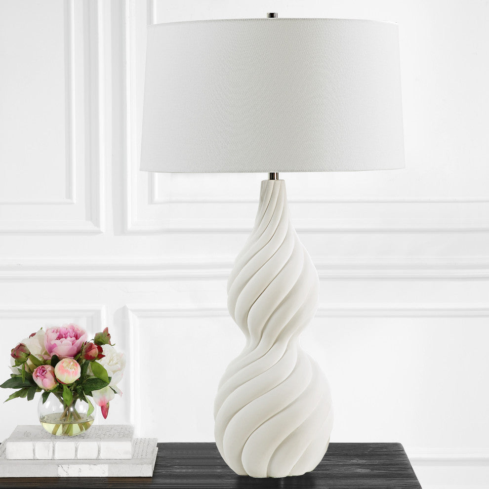 Elegant Twisted Ceramic Swirl Chalk White Table Lamp 32 in Gourd Shape Ribbed