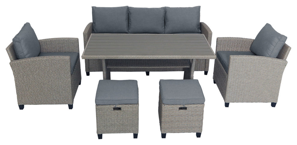 6 Pieces Outdoor Rattan Patio Sectional Sofa Set With Cushions, Dark Gray