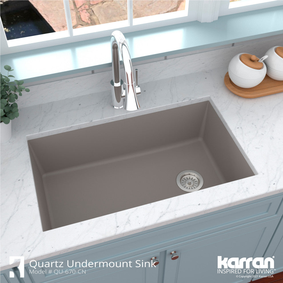Karran Undermount Quartz Composite 32" Single Bowl Kitchen Sink, Concrete