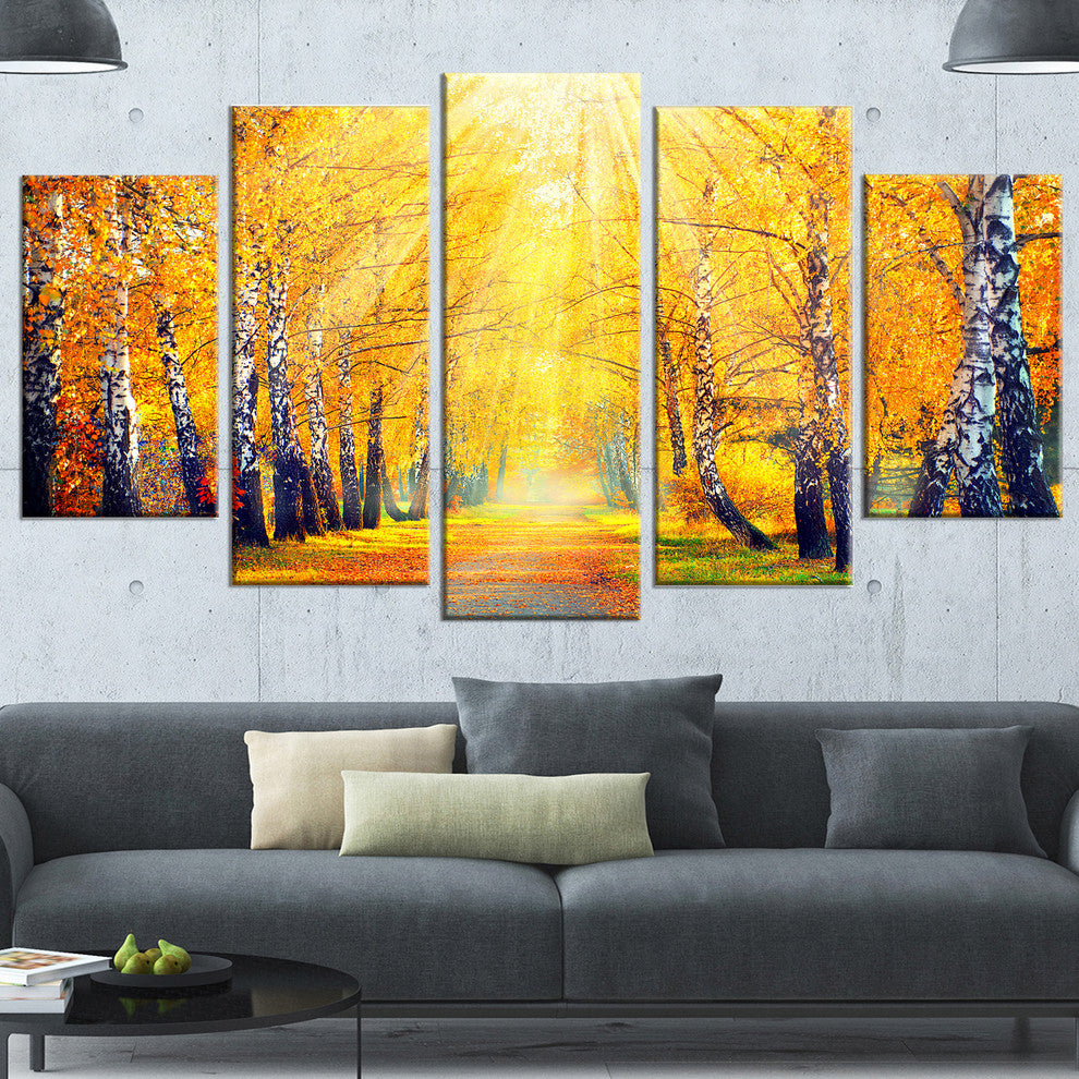 Yellow Autumn Trees in Sunray, Large Landscape Canvas Print, 60"x32", 5 Panels