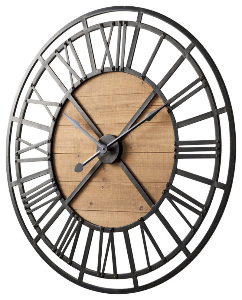 Lewiston Black Iron With Brown Wood 42" Round Wall Clock