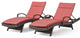 2 Pack Patio Chaise Lounges with Curved Wicker Frame and Red Cushions