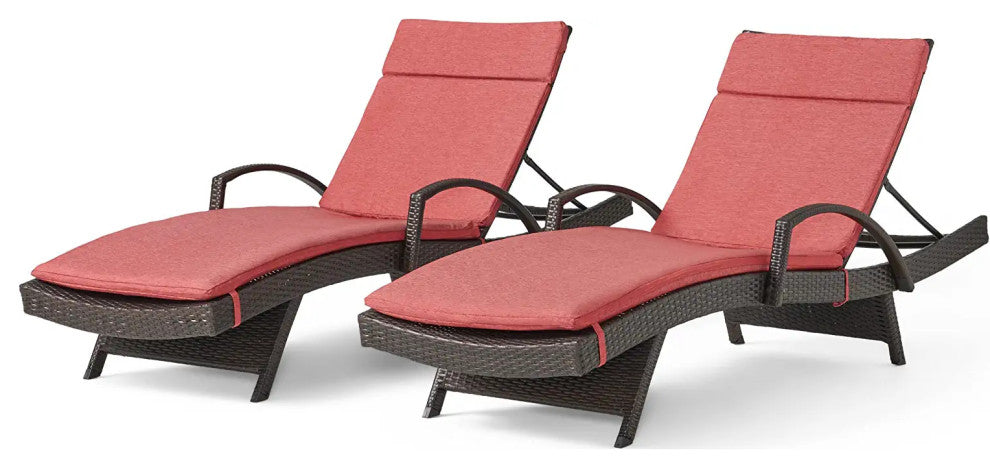 2 Pack Patio Chaise Lounges with Curved Wicker Frame and Red Cushions
