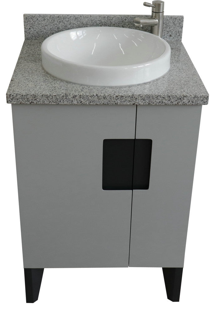 25" Single Sink Vanity, Light Gray Finish With Gray Granite And Round Sink