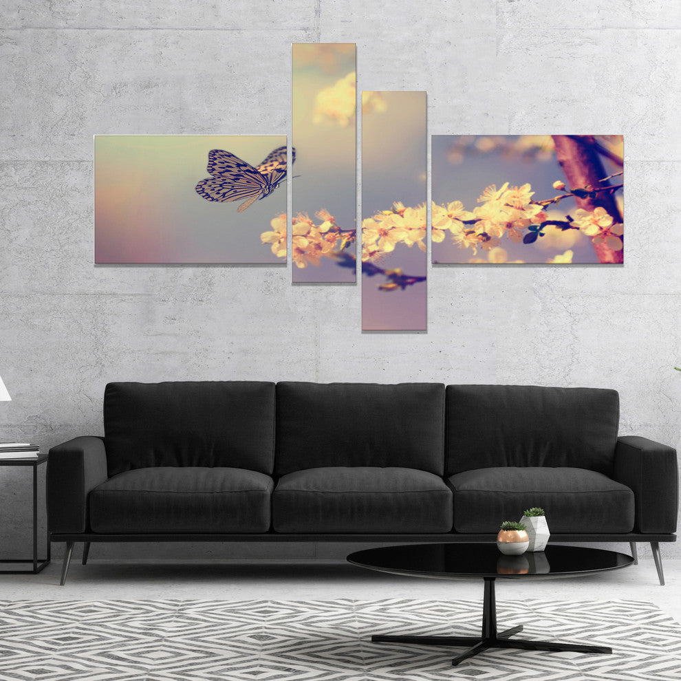 Vintage Butterfly with Flowers, Large Floral Canvas Art Print, 60"x32", 4 panels