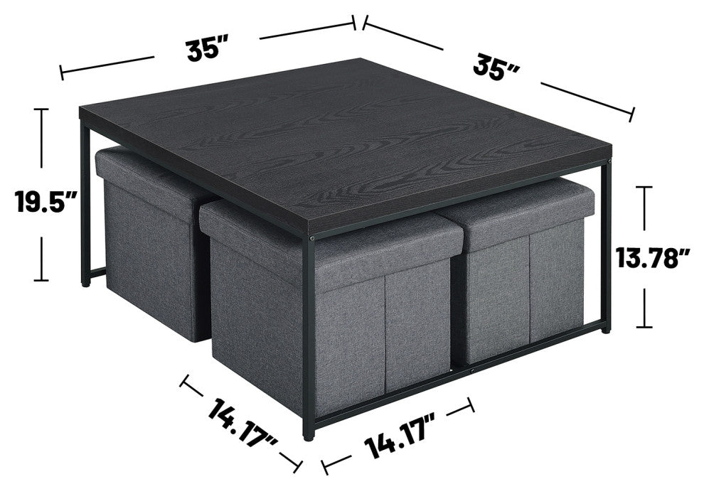 5-Piece Coffee Table Set With 4 Storage Stools, Black
