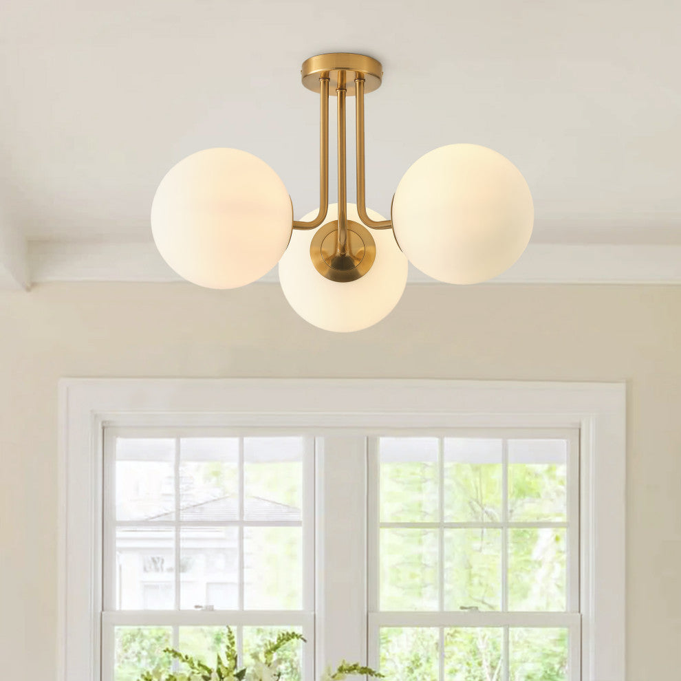 Aiwen Modern 23.62 in. 3-Light Brass Gold Semi-Flush Mount Ceiling Light with Globe White Glass Shade, image size:990x990