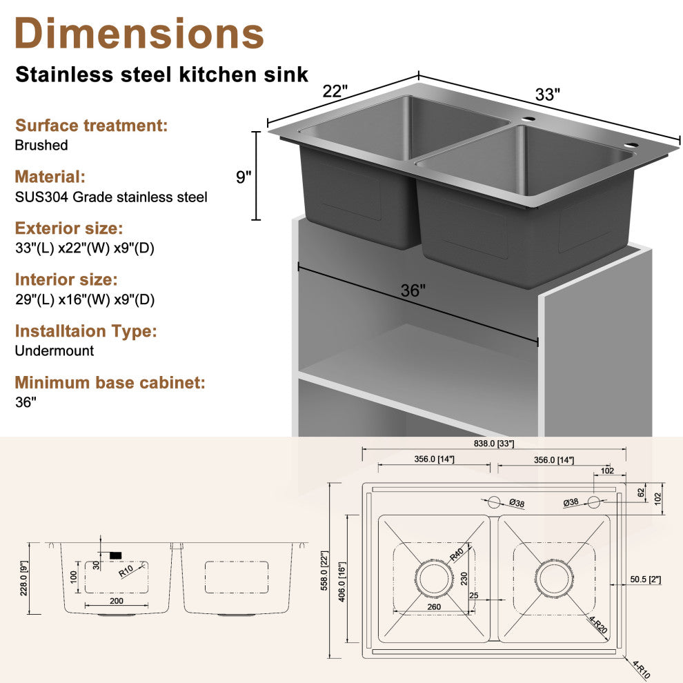 33in Drop-In Single and Double Bowl 18 Gauge Stainless Steel Kitchen Sink, Double